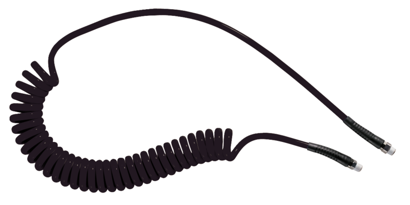 Tuyau spiralé polyuréthane Noir : équipé de raccords mâles fixe et rotatif Filetage mâle BSPT = R 1/4 Filetage mâle NPT =  Ø int./ext. = 6,5 x 10 Longueur maxi 4ml