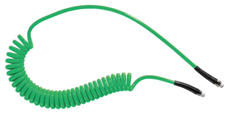 Tuyau spiralé polyuréthane Vert: équipé de raccords mâles fixe et rotatif Filetage mâle BSPT = R 1/4 Filetage mâle NPT =  Ø int./ext. = 6,5 x 10 Longueur maxi 4ml