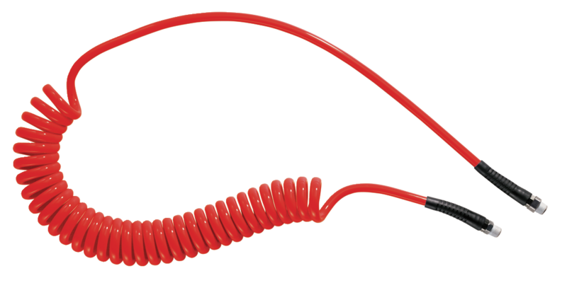 Tuyau spiralé polyuréthane Rouge : équipé de raccords mâles fixe et rotatif Filetage mâle BSPT = R 1/4 Filetage mâle NPT =  Ø int./ext. = 6,5 x 10 Longueur maxi 4 ml