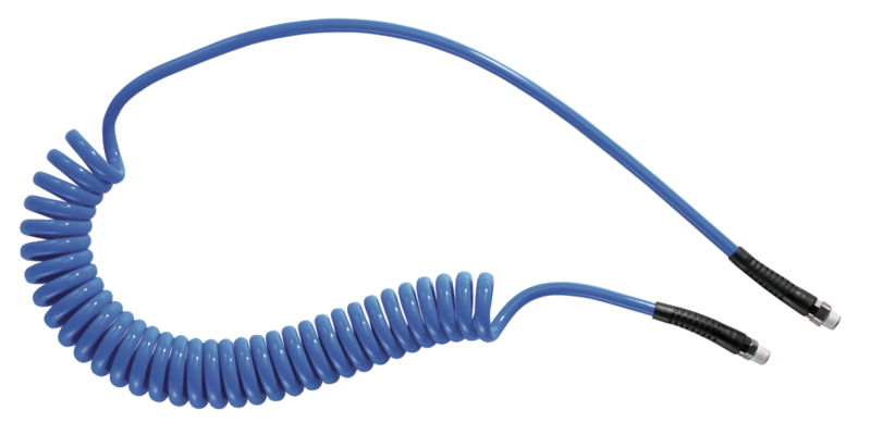 Tuyau spiralé polyuréthane Bleu équipé de raccords mâles fixe et rotatif Filetage mâle BSPT = R 1/4 Filetage mâle NPT =  Ø int./ext. = 5 x 8 Longueur maxi 2 ml